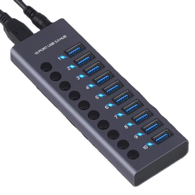 Usb Hub - 10-Port-Aluminiumlegierungs-Hochgeschwindigkeits-USB-3.0-Hub mit 5 Gbit/s, Schnellladefunktion, 24-V-USB-Hub